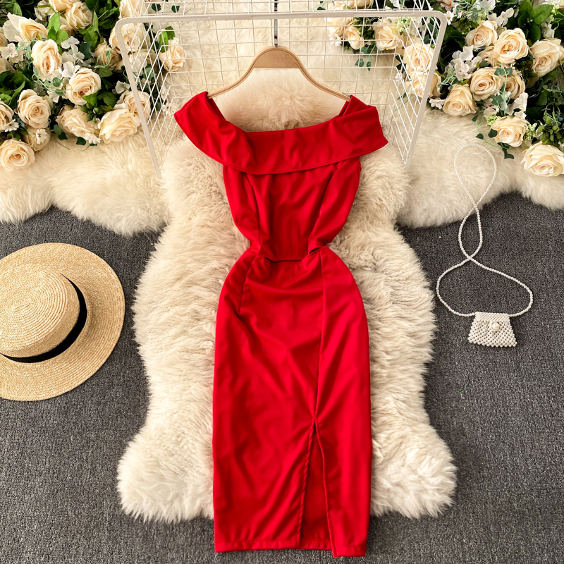 

2021 New women's design stylish solid slash neck thin party dress sexy summer off the shoulder dressed U0RN, Blue