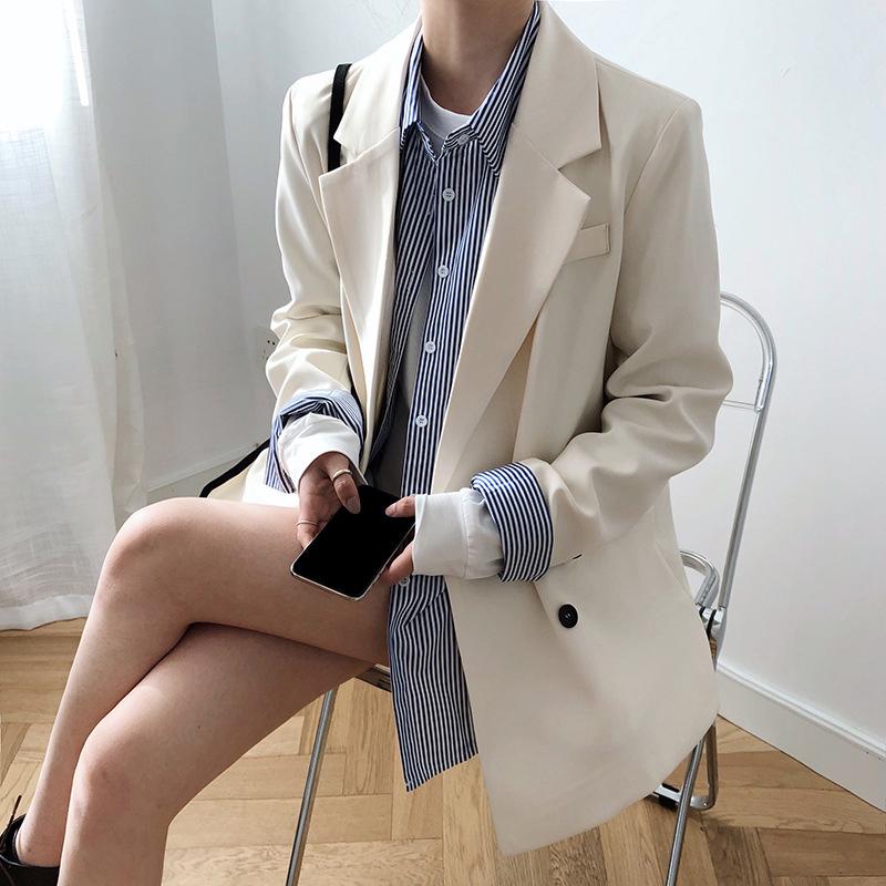 

White Suit Jacket Women 2020 Autumn Women's Korean Casual Elegant Double Breasted Suit Jacket Vintage Fashion Solid Color Coat, Black