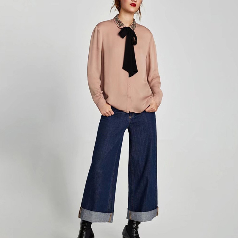 

2020 Chegada Nova Plus Size Mulheres Tops Danqiudong Vadim Lapela do Terno Bordado Decote Colidem Cor Sistema de Trazer mais Fcil Camisa, Chiffon peg shirt