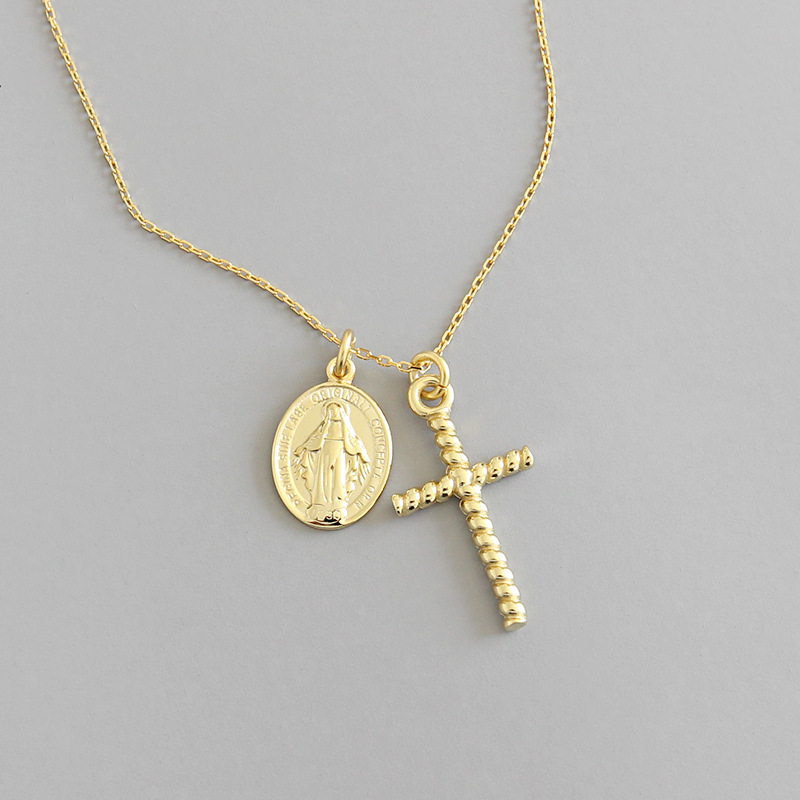 Religious 100% 925 sterling silver twist cross necklaces for women, New gold color Virgin Mary pendant necklace woman jewelry Q0531