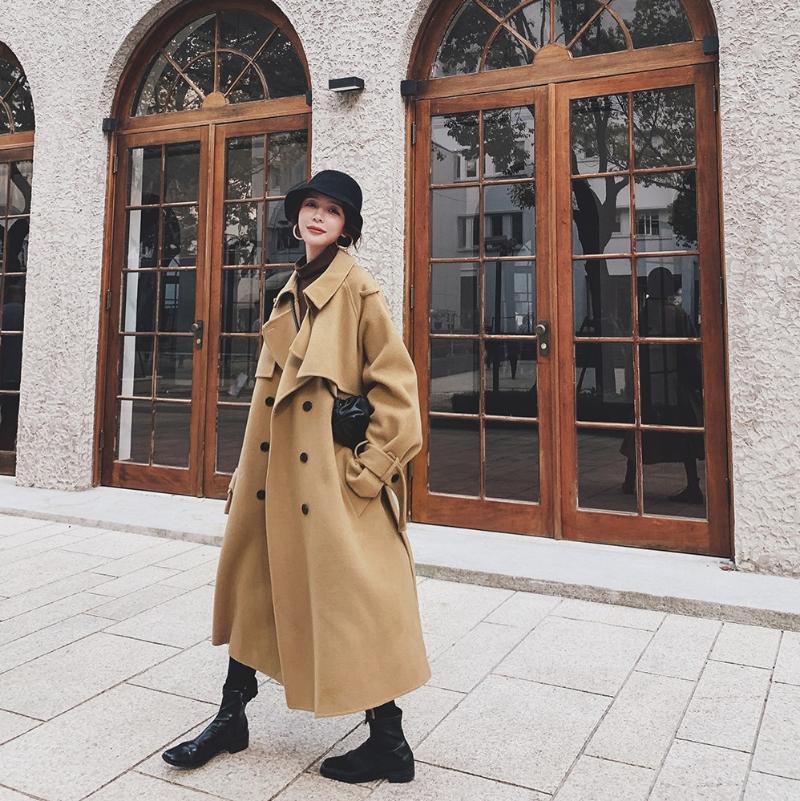 

Women Solid Color Elegant Long Wool Coat With Belt Loose Long Sleeve Outerwear Female Overcoat Autumn Winter 2020, Khaki