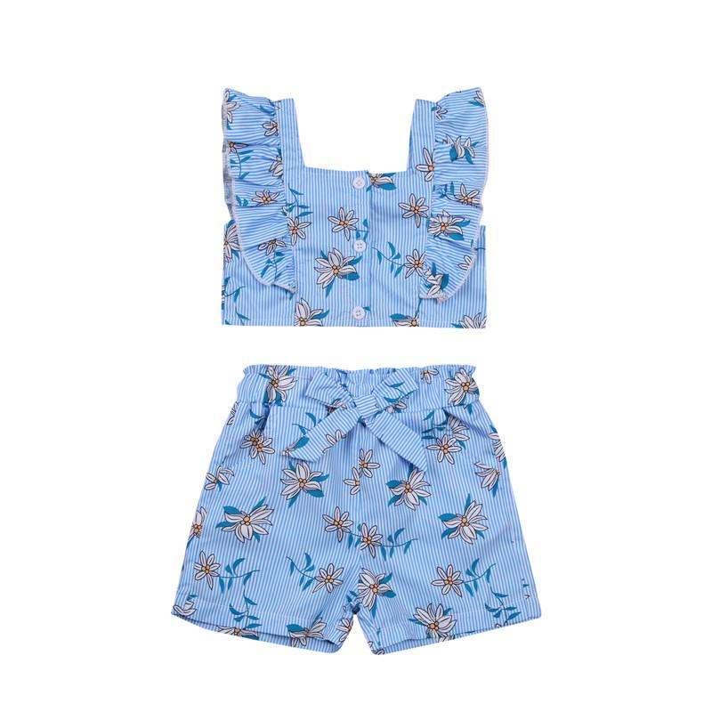 

2021 Summer Infant Clothes Kid Girl Tank Flower Print Bow Elastic Waist Shorts 2PCS Summer Casual Streetwear Clothing 1-4Years, Blue