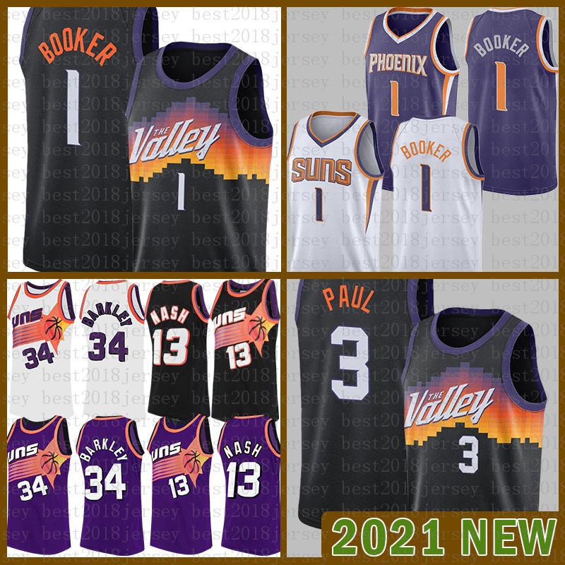 

2021 New Basketball Jersey PhoenixSunsMens Devin 1 Booker Chris Steve 13 Nash 3 Paul Charles 34 Barkley Green, Black;red