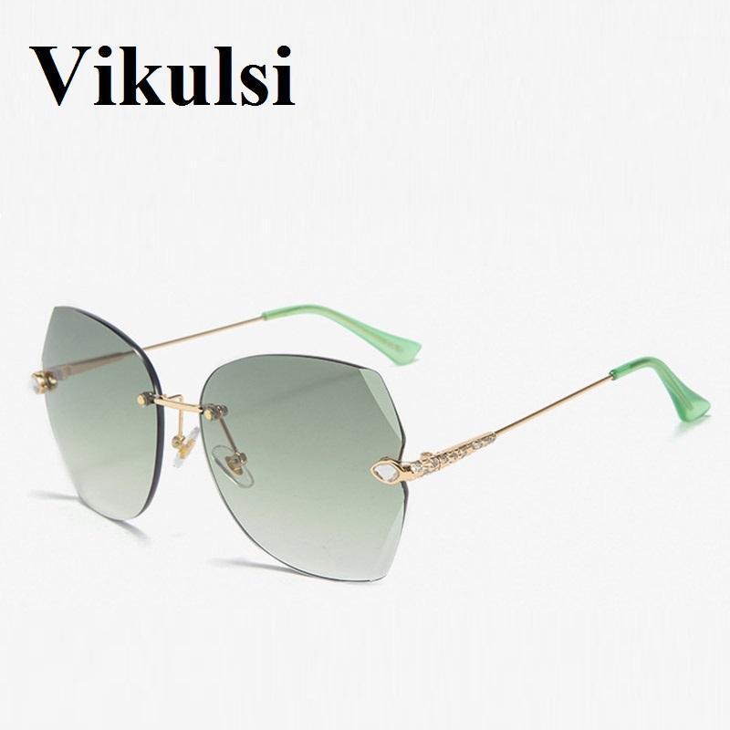 

Rimless Rhinestones Sunglasses For Women Designer Female Green Brown Shades Women's Cat Eye Sun Glasses Metal Frame1