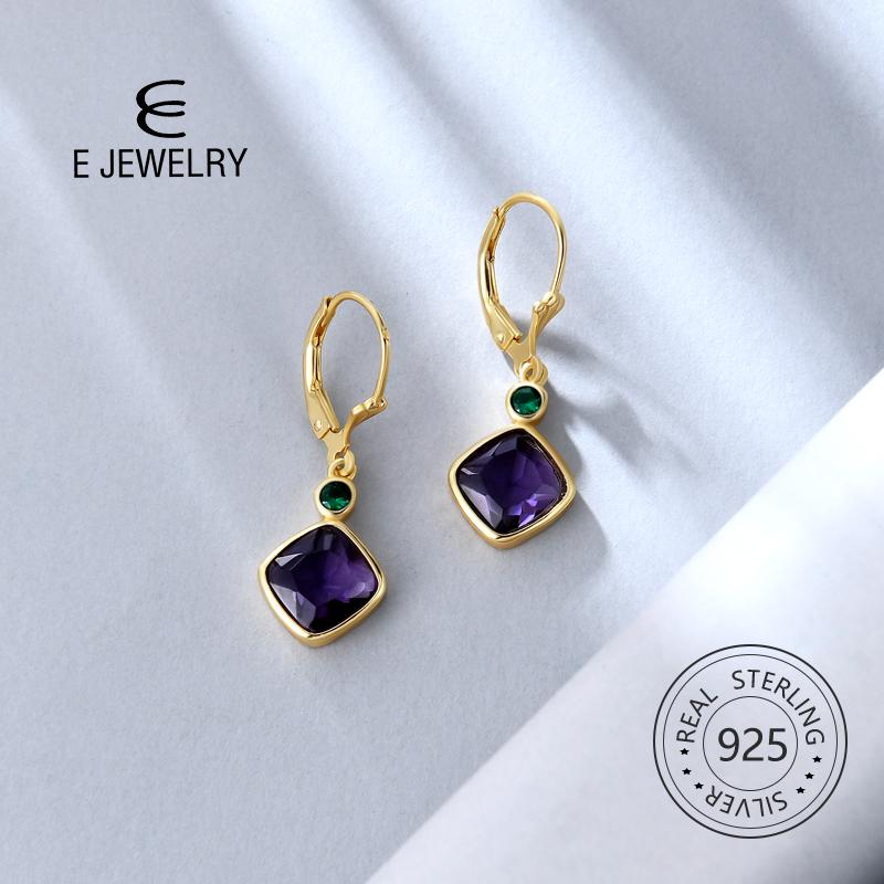 

E S925 Sterling Silver Dangle Drop Earrings for Women Square Heart Imitation Crystal 14K Gold Plated Leverback Ear Jewelry 2020