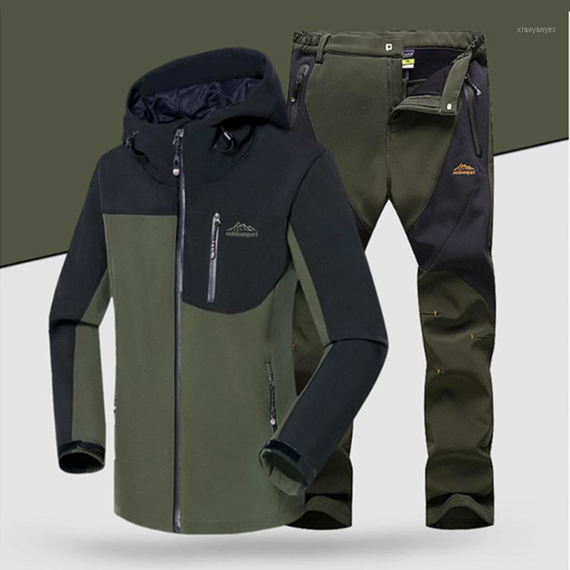 

Men Winter Waterproof Softshell Jacket Set Fishing Warm Fleece Hiking Outdoor Jackets Coat Set Pants Oversize Trousers1, Gray black set