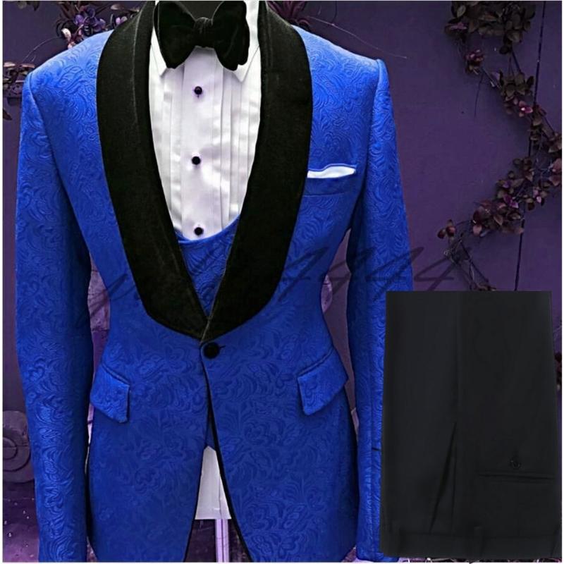 

High Quality Men Suits Shawl Lapel Best Man Pattern Royal Blue Groom Tuxedos Wedding Groomsman 3 Pieces (Jacket+Pants+Vest) E380, Same the picture