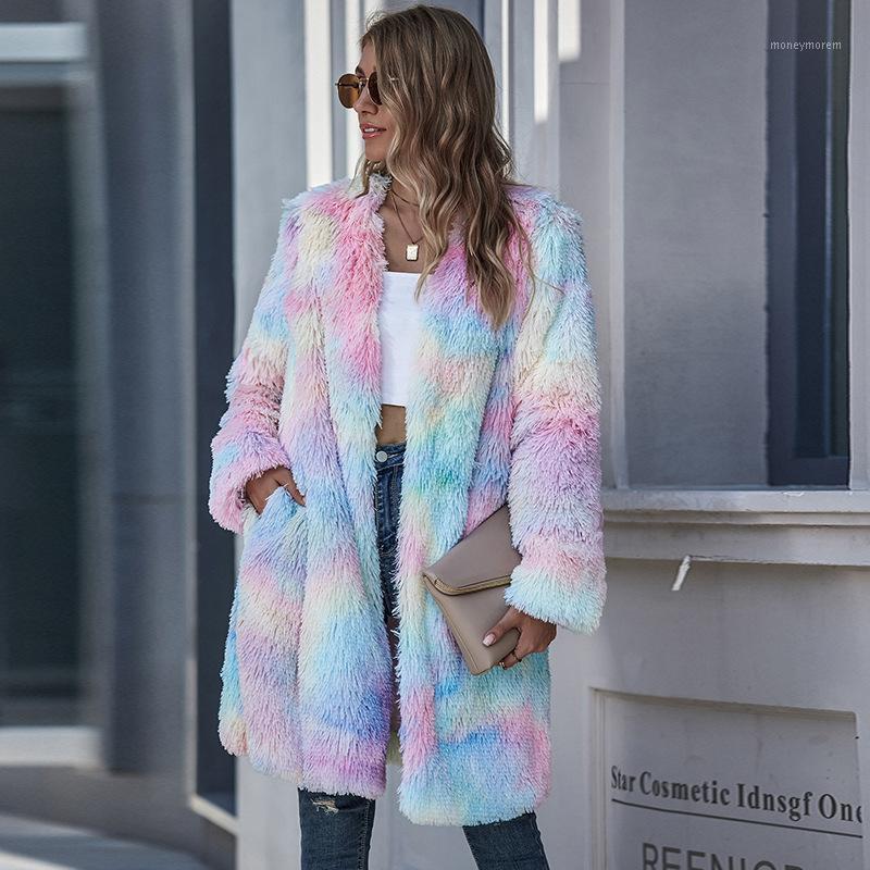 

Autumn Winter fashion Women' Sweater Tie-Dye Color Long Long-Sleeved Coats V-Neck fur fluffy jacket Wide-waisted Coat jacket1, Pink