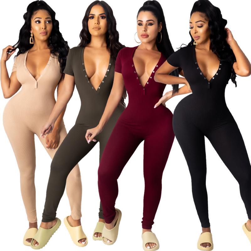 

The new sexy fashion V-neck solid color tight button jumpsuit for women' summer sportsuit, Black