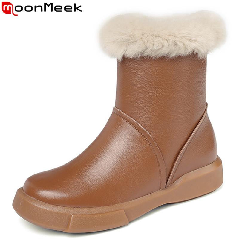 

MoonMeek 2020 new genuine leather boots women round toe zip ankle boots fur flat with comfortable autumn winter ladies, Black