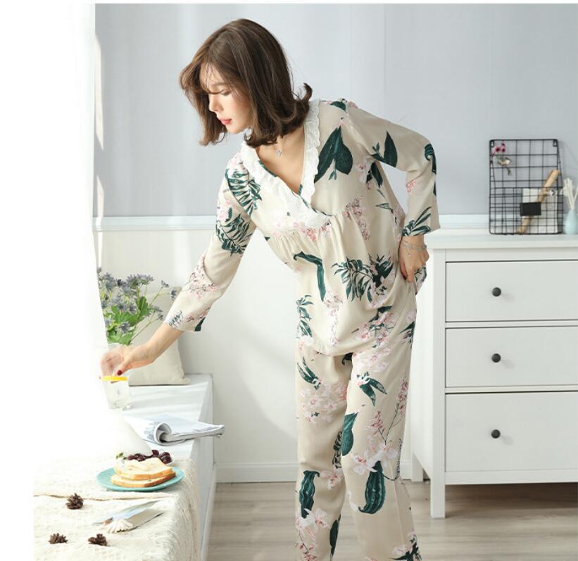 

2021 New Women's Two-piece Home for Spring Summer Thin Long-sleeved Pants Pajamas Women Cotton Suit 7O8L