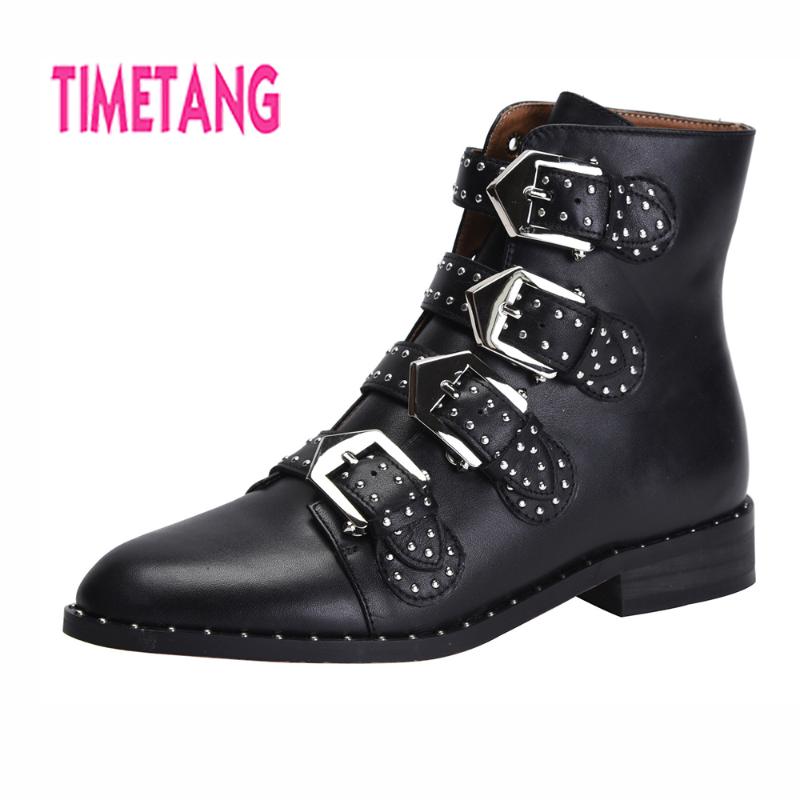 

TIMETANG Woman Shoes Genuine Leather Cool Punk Rivets Flat Heel Women Ankle Boots Buckles Motorcyle/Riding/ Boot Size34-44, Black