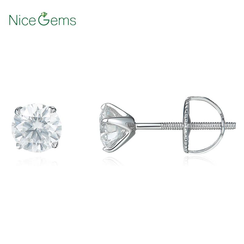 

NiceGems Solid 14K White Gold D Color Round Moissanite Diamond Stud Earring Screw Back For women Classic Ladies Earrings Gold