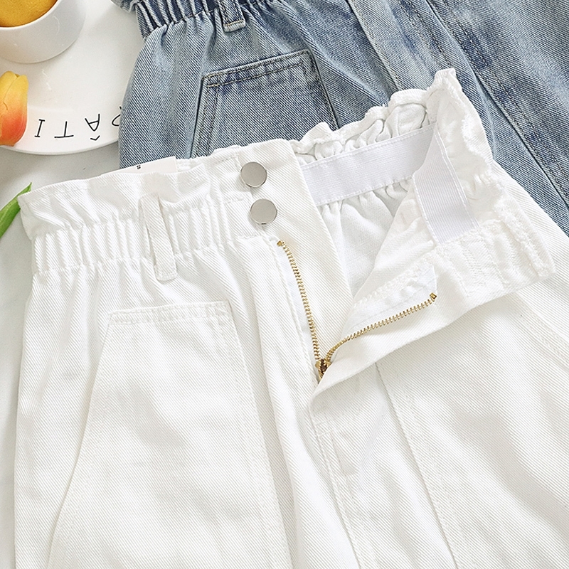 

Elastic Summer Women Denim Skirt Pockets Sexy White High Waist jeans Skirts A-line Casual Ruffles Female mini saia mujer Y200326
