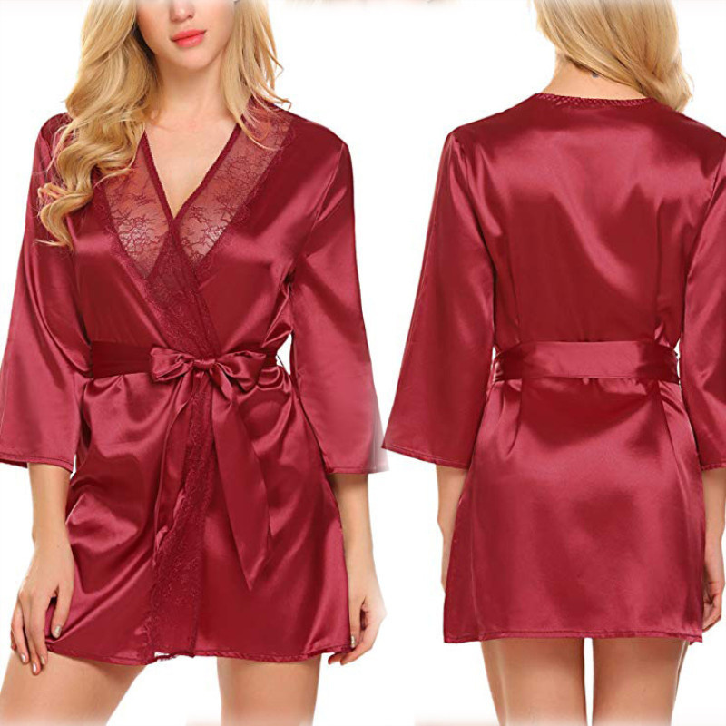 Ensemble pyjama Sexy en dentelle, 3 pièces, vêtements de nuit pour femmes, vêtements de maison décontractés, Kimono en Satin, Robe de bain, Robe