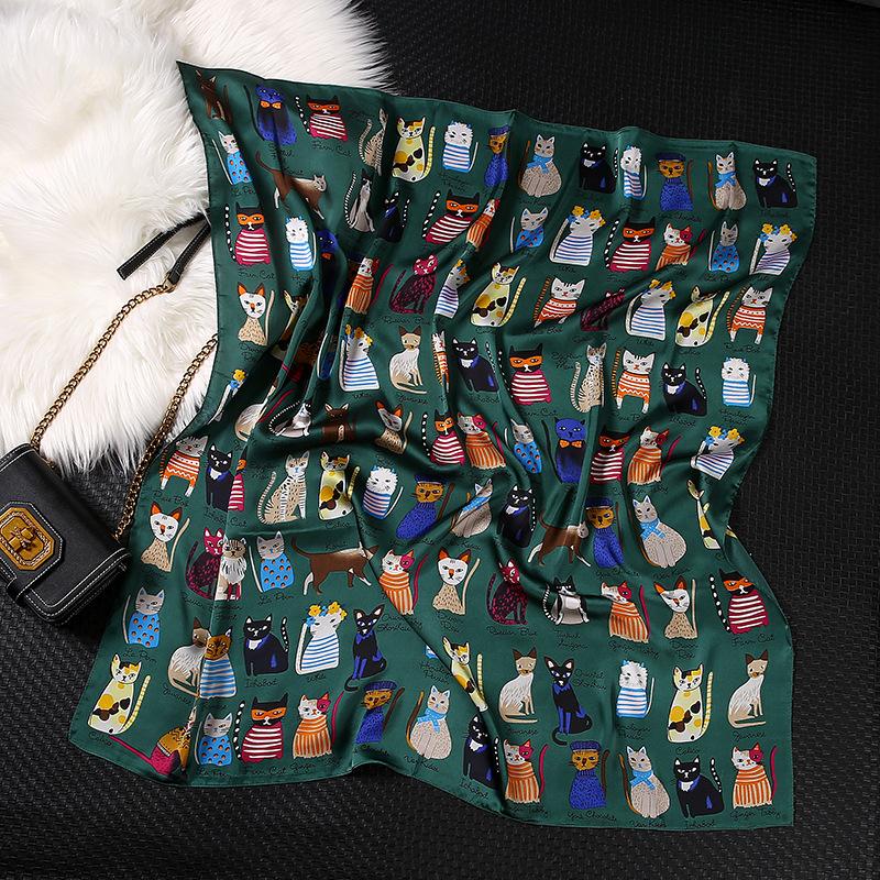 

90*90cm 2020 New Designer Women's White Green Animal Print Square Neck Scarf Neckerchief Women Silk Satin Cat Scarfs for Ladies