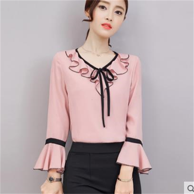 

2021 New Blusas Ruffles Bow Tie Flounce Chiffon Blouse Women Round Neck Long Sleeve Shirt Womens Tops and Blouses Giql, Coral red