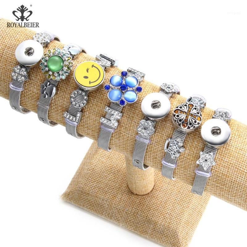 

Charm Bracelets ROYALBEIER Watch Band Strap Metal Bracelet Fit 18mm Snap Buttons Women Punk Stainless Steel Chain Bangles Jewelry SZ04521