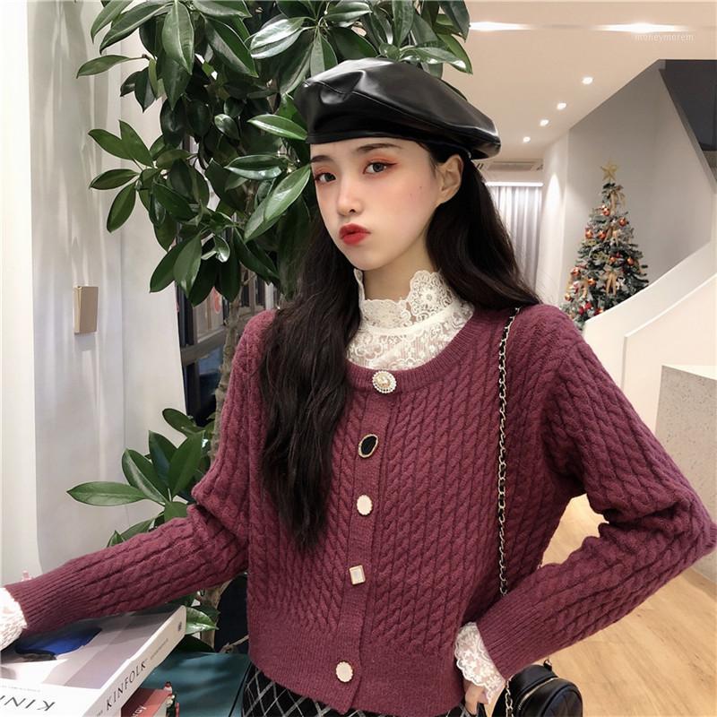 

Ailegogo Spring Knitted Women O-neck Cardigans Casual Female Single Breasted Loose Fit Sweater Solid Color Retro Button Knitwear1, Purple red
