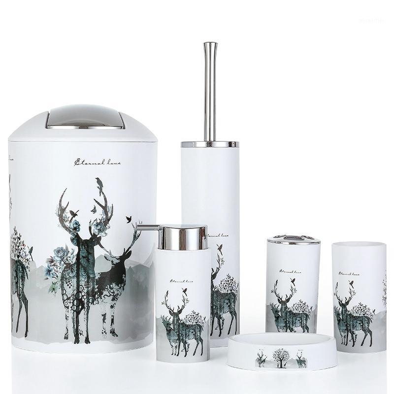 

Nordic 6Pcs/Set Printing Bathroom Accessory Set Lotion Dispenser Toothbrush Holder Tumbler Cup Soap Dish Toilet Brush Trash Ca1