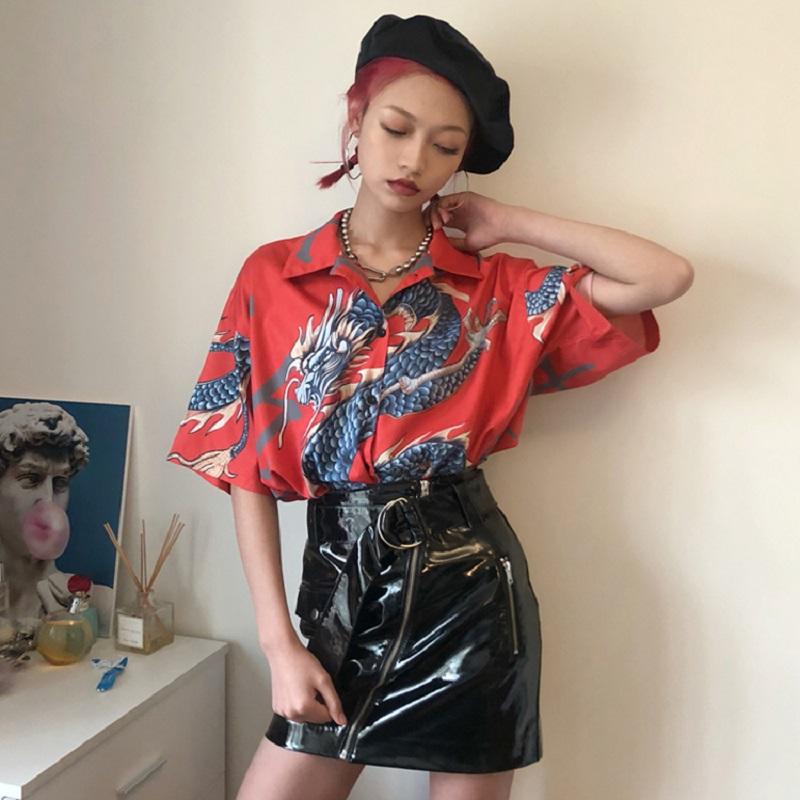 

Summer Spring Women Blouses BF stylle oversize shirts Harajuku Tops Dragon Print Short Sleeve Shirts Female Streetwear, Red
