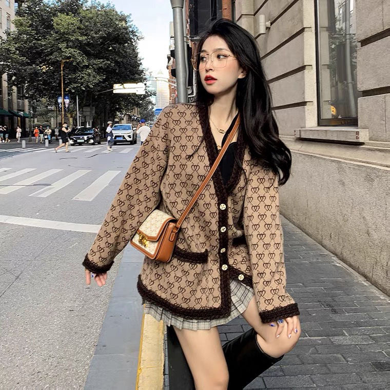 

casual Sweater Coat, sweater, cardigan, new loose, Jin Zhixiu, autumn women' LOGO, camel color, V-neck, mid-length knit, Red