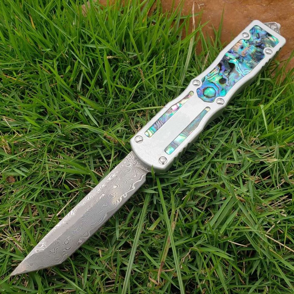 

Abalone damascus DE tanto blade double action tactical camping knife hunting fodling knives POCKET TOOL xmas gift knife 18336