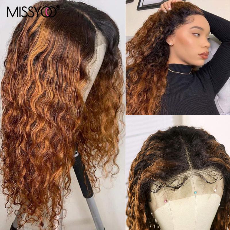 

Brown Ombre Human Hair Wig 13x4 Water Wave Lace Front Wig Brazilian Remy Closure Ombre Water Wave Curly With Baby Hair, 13x1 t part lace wig
