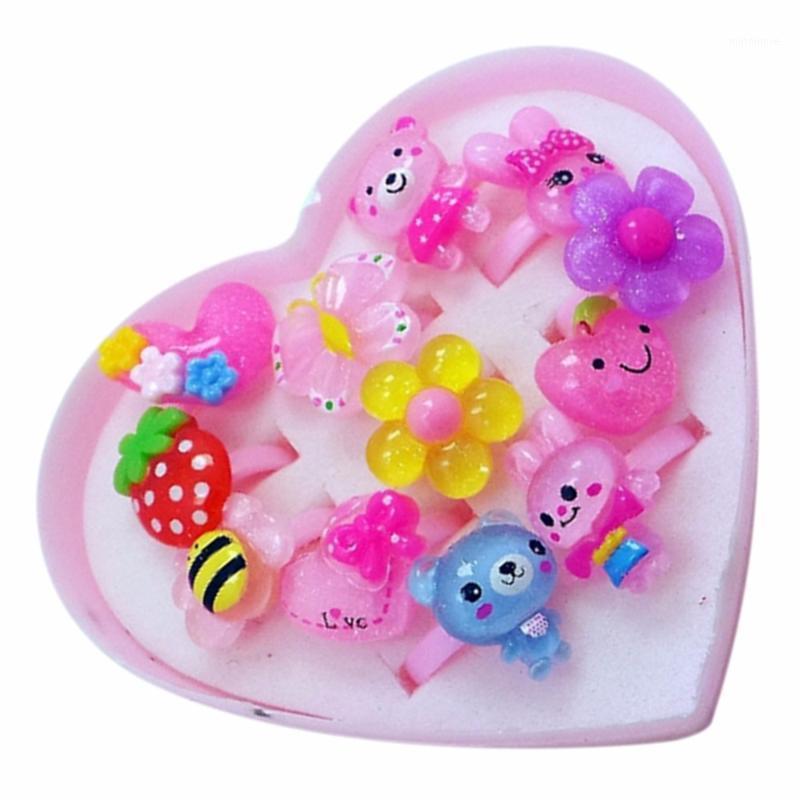 

12pcs/Set Kids Cartoon Rings Children's Rings for Girls Flower Cartoon Animal Ring Set Finger Jewelry Heart Display Box1