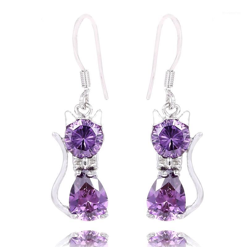 

SHUANGR silver color Austrian Zircon Green Stone Crystal Cat Dangle Earrings For Women Party Jewelry Gifts 11 Color1