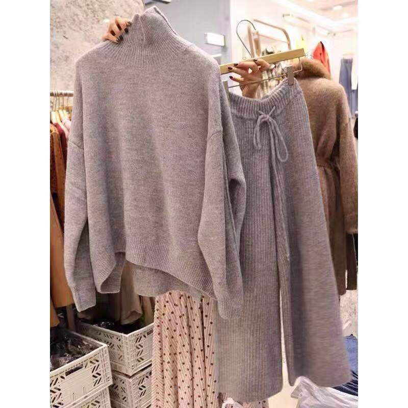 

autumn winter turtleneck sweater and pullovers warm knitted 2 piece set elastic waist knit ants suit tracksuit loose, Gray