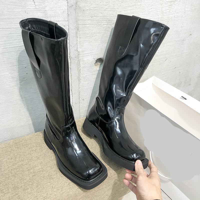 

DEAT] 2020 Square Head Thick Bottom Thick Heel Long Pu Leather Single Shoes Women Boots New Autumn Winter Fashion SH071, Black
