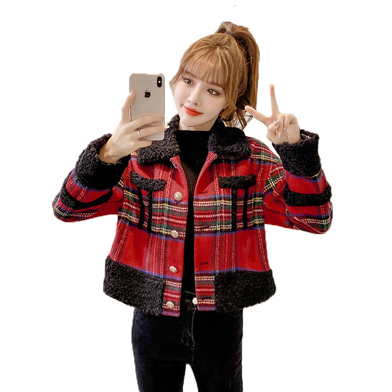 

Winter Woman Vintage Stuffed Lamb Jackets Short Woman's Stylish All-match Suit Trellis Thicken Wool Outerwear Knkv, Photo color