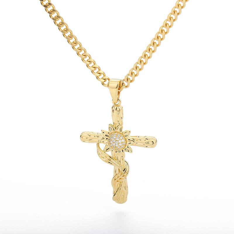 

Vintage Women Necklace Cross Sunflower Choker Staniless Steel Cuban Link Chain Fashion Sun Flower Hip Hop Pendant Necklace 2021
