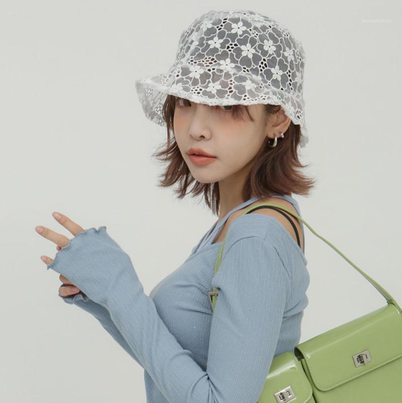 

Korean White French Retro Small Flower Lace Fisherman Hat Bucket Hat Photo Fairy1
