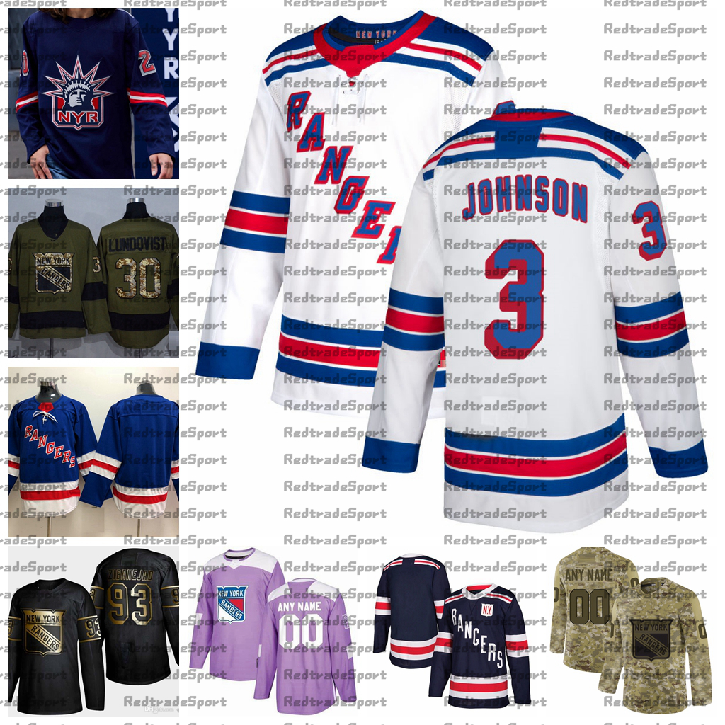 

2021 Reverse Retro Customize #3 Jack Johnson New York Rangers Hockey Jersey Golden Edition Camo Veterans Day Fights Cancer Stitched Jersey, White