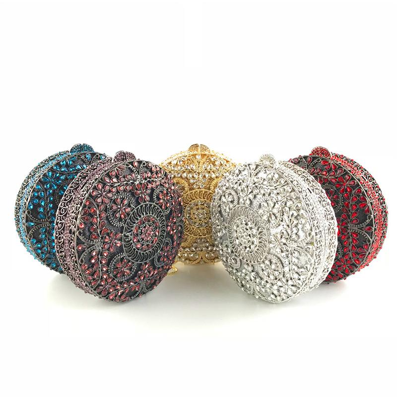 

High Quality Blue 5 Colors Rhinestone Evening Bags Sliver And Gold Crystal Women Circle Shape Party Purse Mini Shoulder Bag, Silver