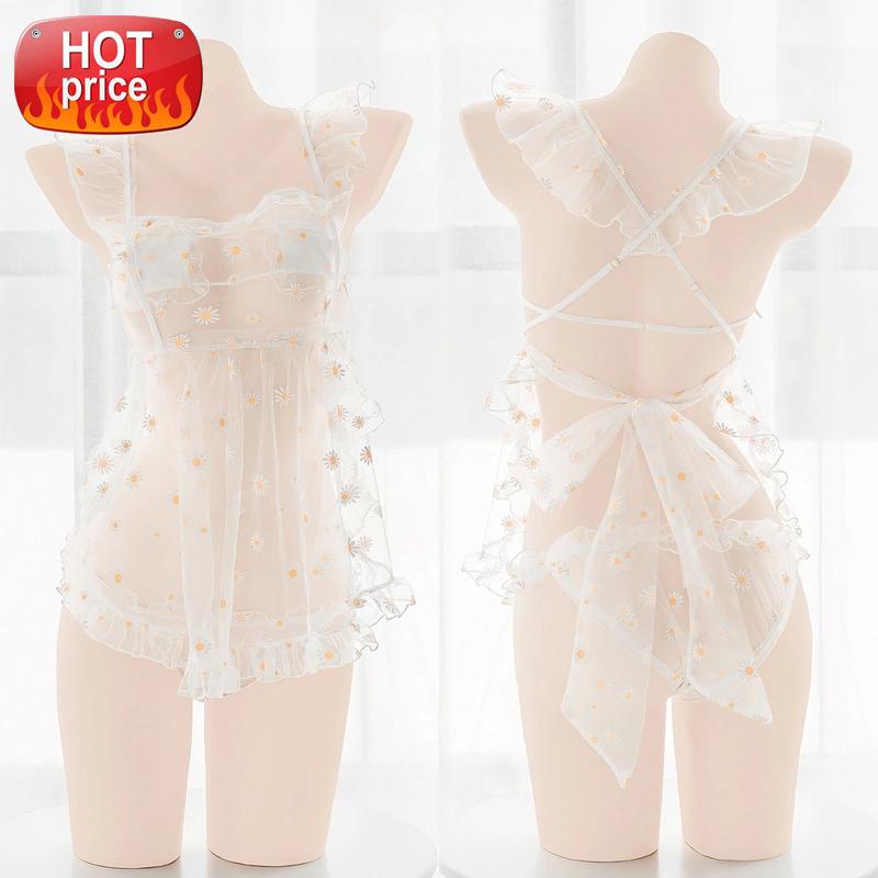 

Sexy Costumes Transparent Sleepwear Floral Plus Size Maid Apron Dress Mini Micro Bikini Bra and Panty Set Underwear Roleplay New #Et9e, Black;white