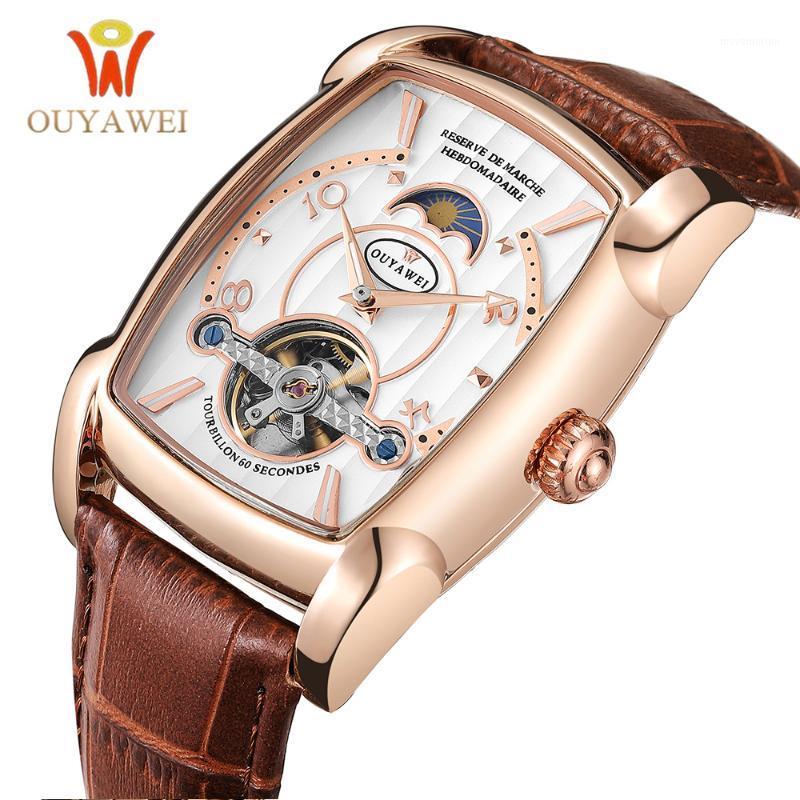 

Mens Mechanical Watch Rectangle Skeleton Wristwatch Automatic Self-wind Tourbillon WristWatches Relogio Masculino1, Rose gold white