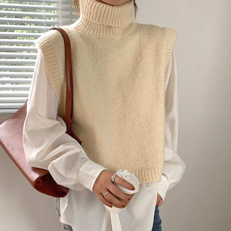 

Pull sans manches femme Turtleneck Sleeveless Women Vest Sweater White Pullover Knitted Loose 2020 Autumn Winter Casual Jumper, Beige