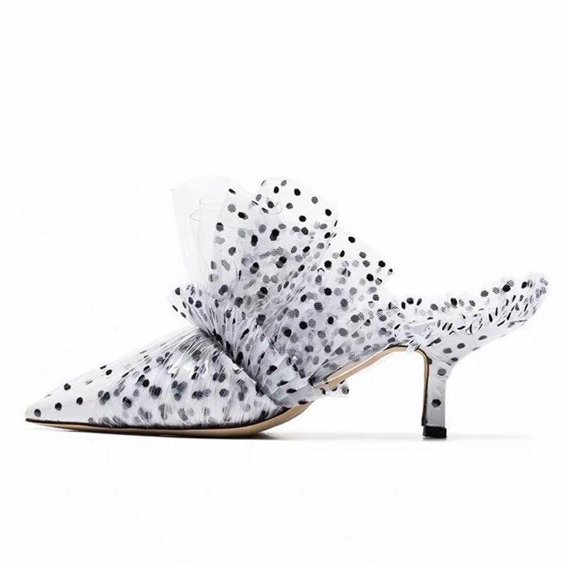 

Fashion Pointed Toe Women Pumps Summer High Heel Slippers Gladiator Sandals Ruffled Mules Outside Slides, White 6cm heel