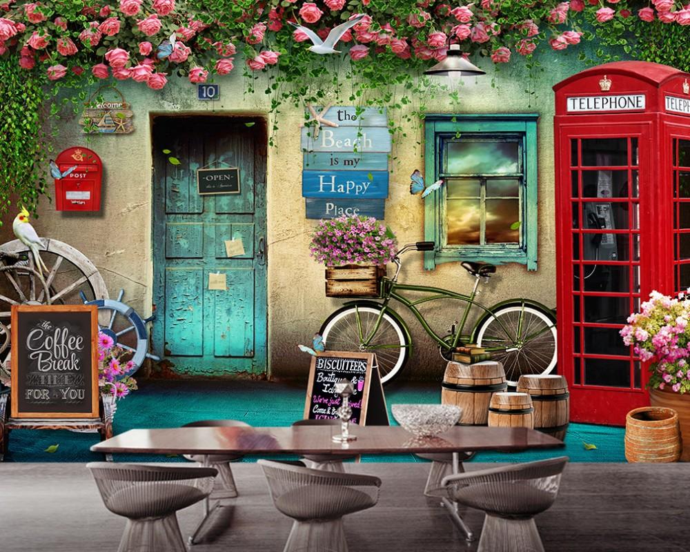 

Free Shipping Retro Vintage Floral Wallpaper London Phone Booth Rose Background Wall Restaurant Wallpaper Custom 3D Mural, As pic