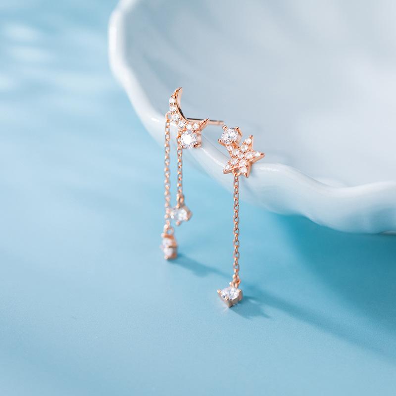 

S925 Sterling SilverColor Korean Fashion Asymmetric Star Moon Dangle Earrings For Women Lady Daughter Jewelry Gift