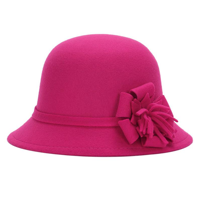 

Women Imitation Wool Bucket Hat Flower Felt Wide Brim Cloche Adults Bowler Cap Fashion Elegant Autumn Winter Round Holiday Warm, Wine red