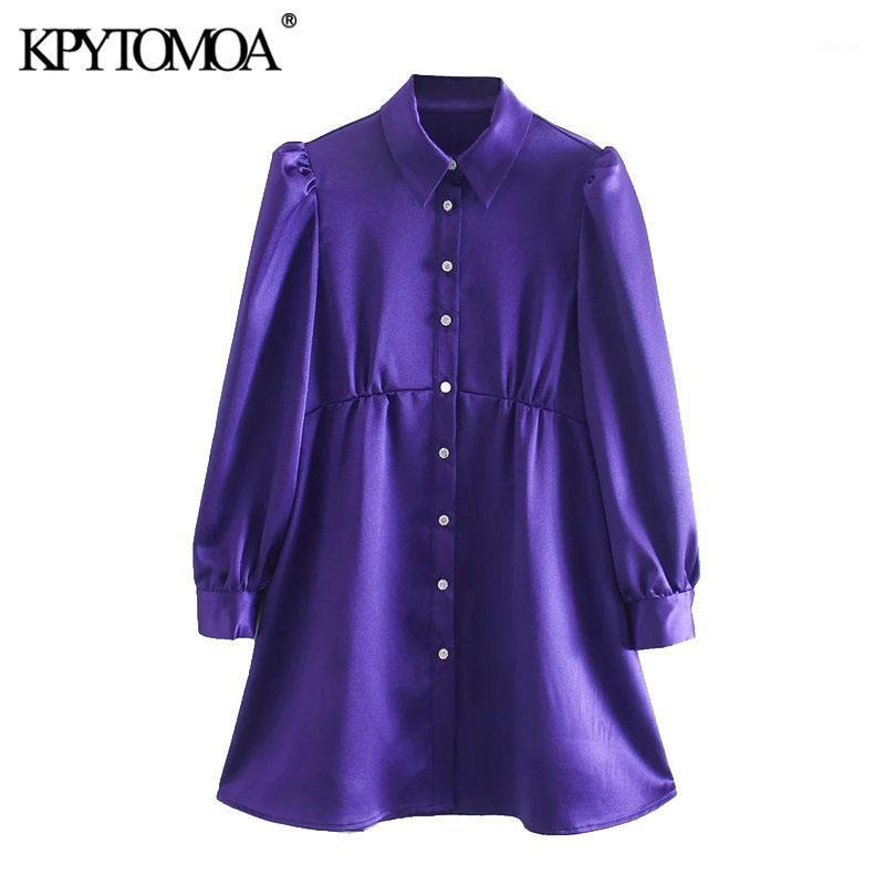 

KPYTOMOA Women 2020 Chic Fashion With Bejewelled Buttons Cozy Mini Dress Vintage Puff Sleeve Pleated Female Dresses Vestidos1, As picture