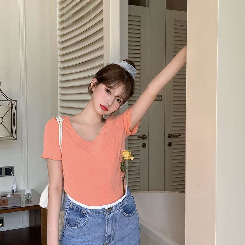 

2021 New 6 colours summer soild topos color v neck short sleeve thin t-shirts of women women's shirt femme (r98262) NXH2, White