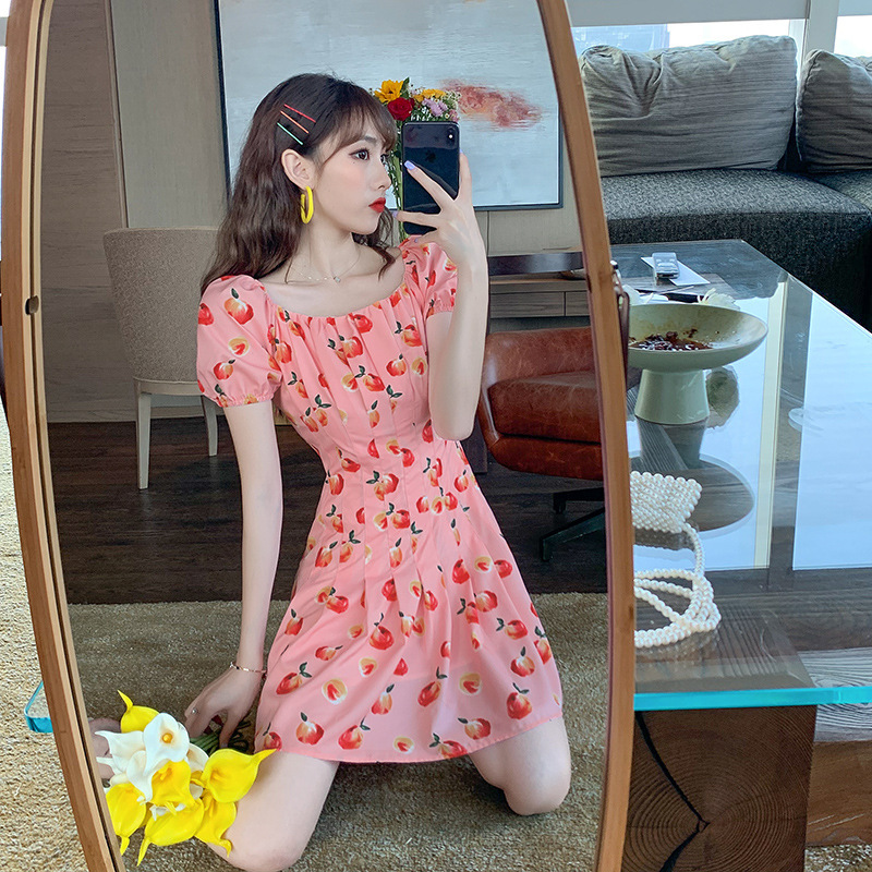 Pink Elegant Kawaii Dress Women Floral Print Cherry Mini Dress Female