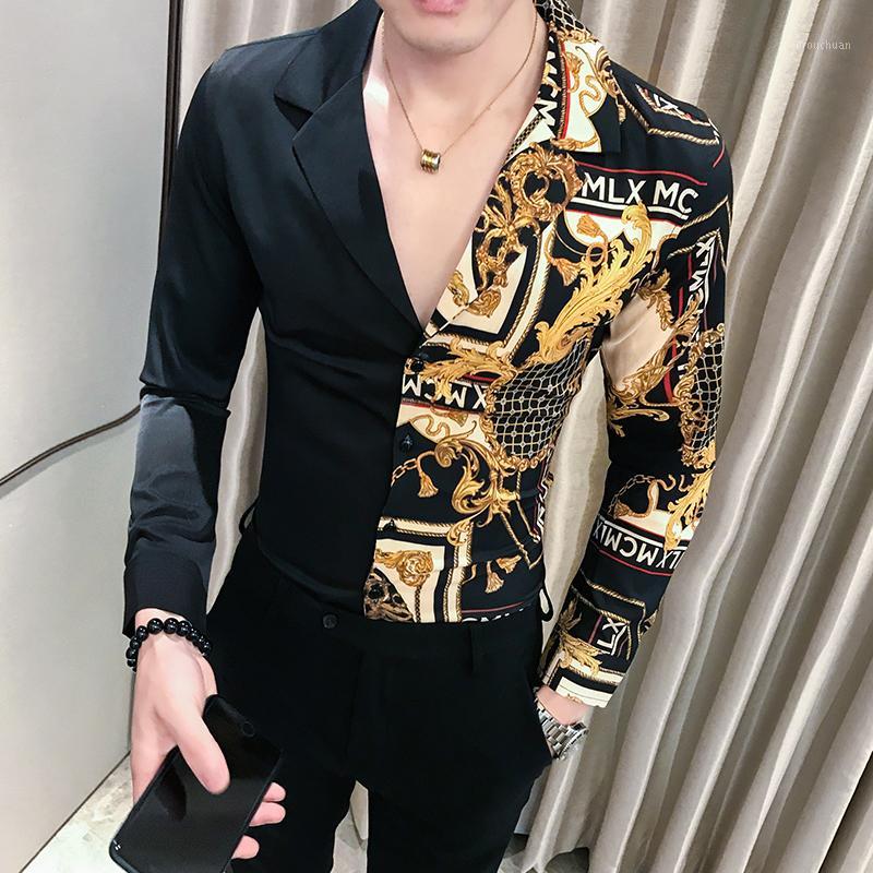 

Fashion Personality Men Casual Shirt Men Slim Fit Print Party Club Shirt Luxury Black Gold 201 Autumn Baroque Men Long Sleeve Patchwork1