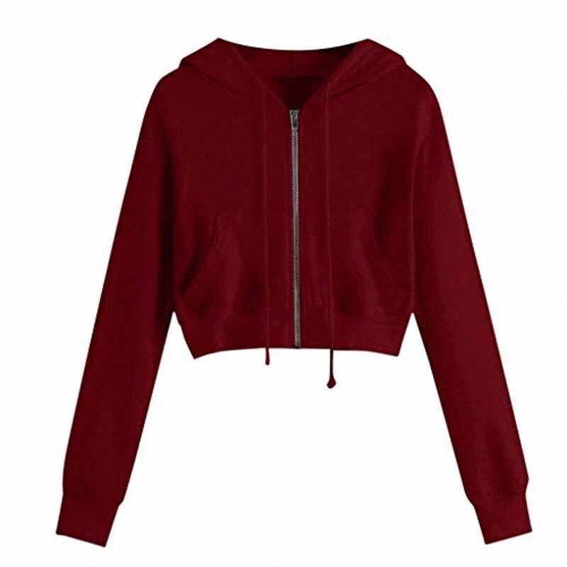 women's zip up cropped hoodie drawstring long sleeve casual sports workout crop top sweatshirt hooded jacket wine 54hm#