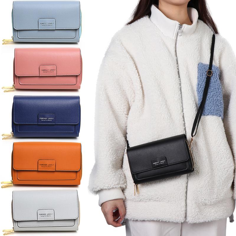 

1PC Women Crossbody PU Leather 2 Pockets Phone Bag Muti-function Large Capacity Messenger Handbag Zipper Shoulder Bags, Black